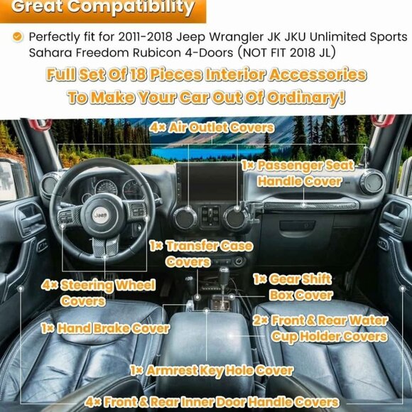 2011-2018 Jeep wrangler Jk18 PCS Full Set Interior Decoration Trim Kit carbon - Picture 7 of 7